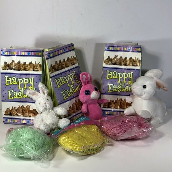 Mix 3 Easter Bunny Plush toys Easter Grass & Bags - Picture 4 of 6